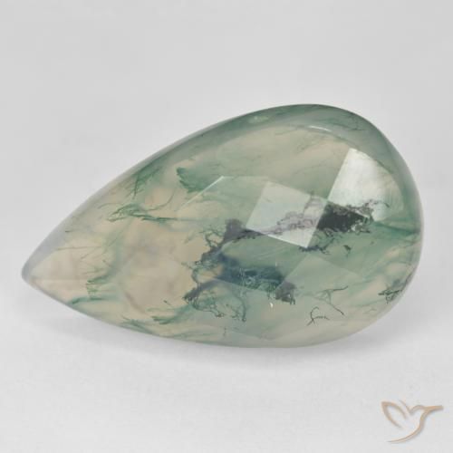 18.99캐럿 천연 라이트 그린 모스 아게이트, 배 모양, 25.6×15.4 mm, 투명한