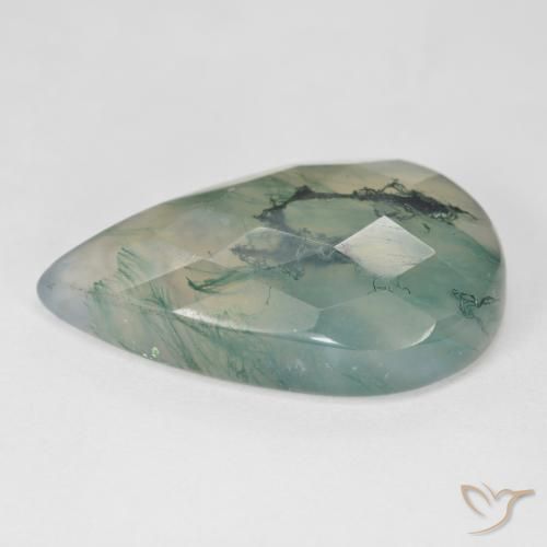 18.99캐럿 천연 라이트 그린 모스 아게이트, 배 모양, 25.6×15.4 mm, 투명한