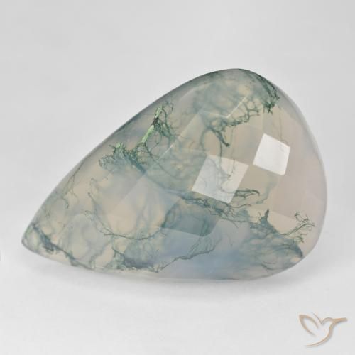 38.73ct 자연스러운 연한 초록색 이끼 마노, 배 모양, 투명한