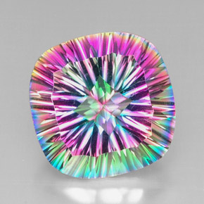 28.40캐럿 천연 탑 레인보우 미스틱 쿼츠, 쿠션 컷, 20.1×20.1 mm, VVS-VS