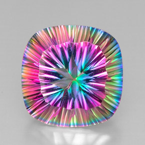 28.84캐럿 천연 탑 레인보우 미스틱 쿼츠, 쿠션 컷, 20.1×20.1 mm, VVS-VS