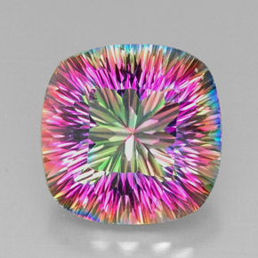 28.86캐럿 천연 탑 레인보우 미스틱 쿼츠, 쿠션 컷, 20.2×20.1 mm, VVS-VS