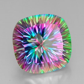 30.71캐럿 천연 탑 레인보우 미스틱 쿼츠, 쿠션 컷, 19.9×19.9 mm, VVS-VS