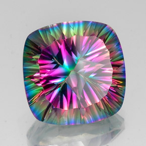 15.26캐럿 천연 탑 레인보우 미스틱 쿼츠, 쿠션 컷, 16.1×16.1 mm, VVS-VS