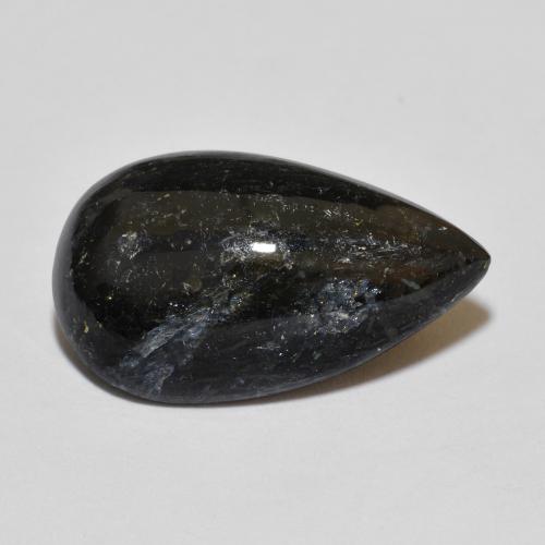 7.64캐럿 천연 블루 스파클이 있는 블랙 누우마이트, 배 모양, 18.4×10.8 mm, 불투명체