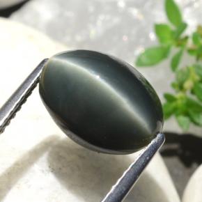 5.06캐럿 천연 그린 Quartz Cat's Eye, 타원형 컷, 11.5×8.3 mm, 불투명체