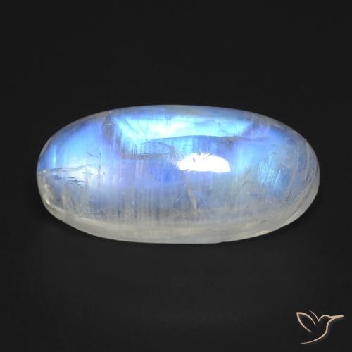 12.12캐럿 천연 푸르스름한 화이트 레인보우 문스톤, 타원형 컷, 20.6×9.8 mm, 투명한