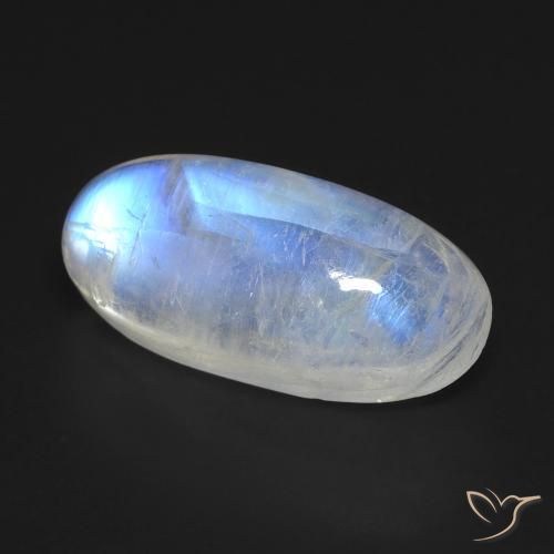 12.12캐럿 천연 푸르스름한 화이트 레인보우 문스톤, 타원형 컷, 20.6×9.8 mm, 투명한