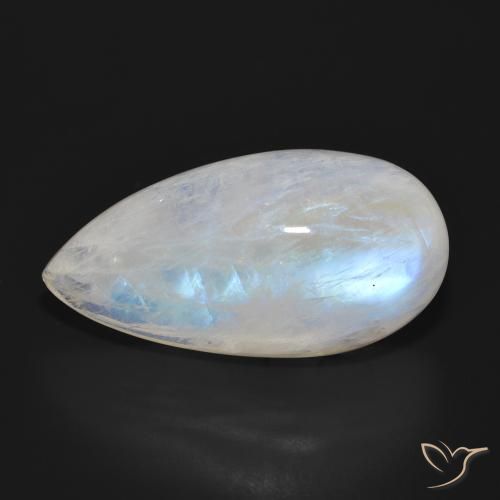 25.85ct 자연스러운 푸르스름한 흰색 레인보우 문스톤, 배 모양, 투명한