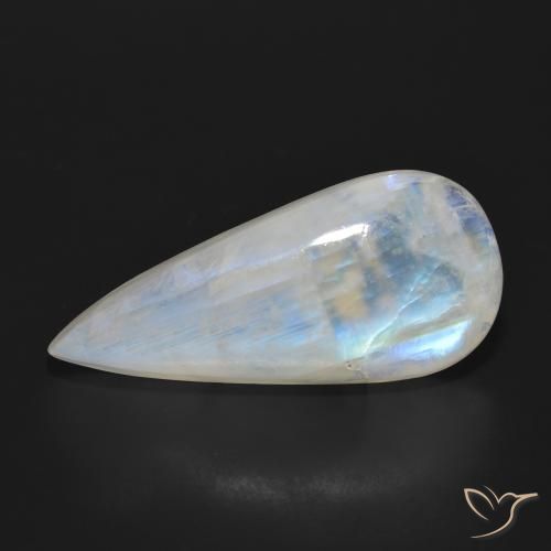 24.85ct 자연스러운 푸르스름한 흰색 레인보우 문스톤, 배 모양, 투명한
