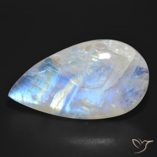 47.03ct 자연스러운 푸르스름한 흰색 레인보우 문스톤, 배 모양, 투명한