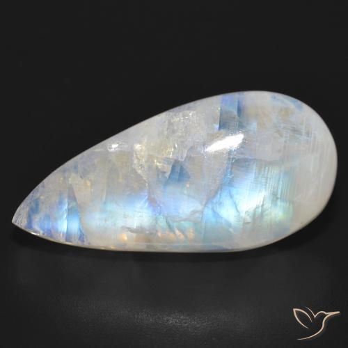 23.92ct 자연스러운 푸르스름한 흰색 레인보우 문스톤, 배 모양, 투명한