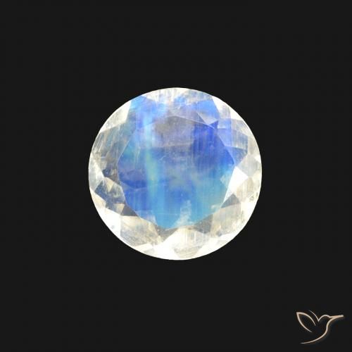 0.40캐럿 천연 푸르스름한 흰색 레인보우 문스톤, 라운드 컷, 투명한