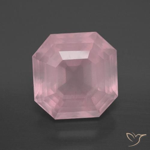 7.36ct 자연스러운 미디엄 로즈 핑크 로즈 쿼츠, 에메랄드 컷, 투명한