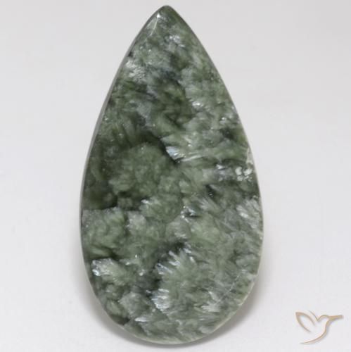 15.14캐럿 천연 흙빛 녹색 세라피나이트, 배 모양, 33.3×18.2 mm, 불투명체