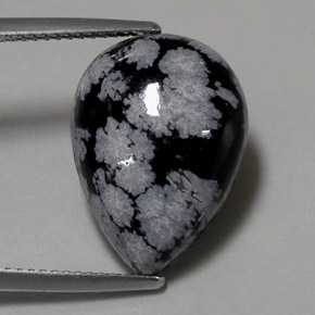 8.15캐럿 천연 블랙 화이트 스노우플레이크 옵시디언, 배 모양, 18×13 mm, 불투명체