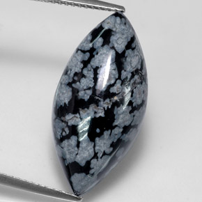 9.88캐럿 천연 블랙 화이트 스노우플레이크 옵시디언, 마퀴즈, 24.3×11.9 mm, 불투명체