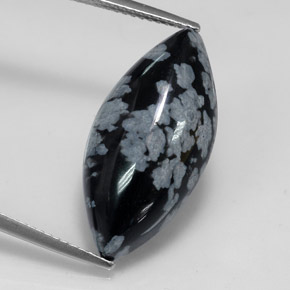 9.82캐럿 천연 블랙 화이트 스노우플레이크 옵시디언, 마퀴즈, 24.2×11.9 mm, 불투명체
