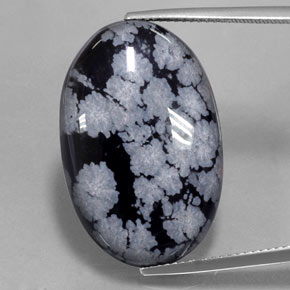 22.37캐럿 천연 그레이 화이트 블랙 스노우플레이크 옵시디언, 타원형 컷, 27×17.6 mm, 불투명체