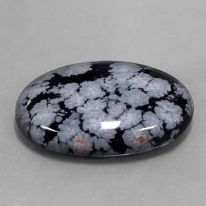 22.37캐럿 천연 그레이 화이트 블랙 스노우플레이크 옵시디언, 타원형 컷, 27×17.6 mm, 불투명체
