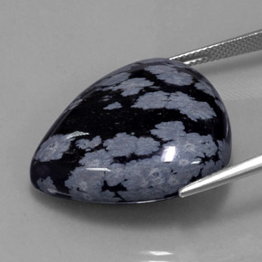 34.56캐럿 천연 그레이 화이트 블랙 스노우플레이크 옵시디언, 배 모양, 27.1×24.3 mm, 불투명체