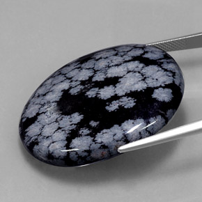 48.46캐럿 천연 그레이 화이트 블랙 스노우플레이크 옵시디언, 타원형 컷, 35.2×27.7 mm, 불투명체