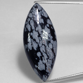 19.75캐럿 천연 그레이 화이트 블랙 스노우플레이크 옵시디언, 마퀴즈, 34.9×15 mm, 불투명체