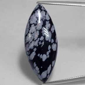 19.40캐럿 천연 그레이 화이트 블랙 스노우플레이크 옵시디언, 마퀴즈, 35.7×15 mm, 불투명체