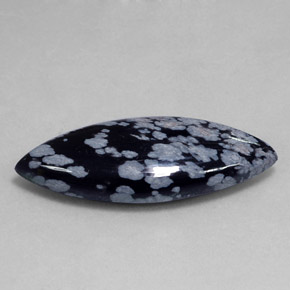 19.40캐럿 천연 그레이 화이트 블랙 스노우플레이크 옵시디언, 마퀴즈, 35.7×15 mm, 불투명체