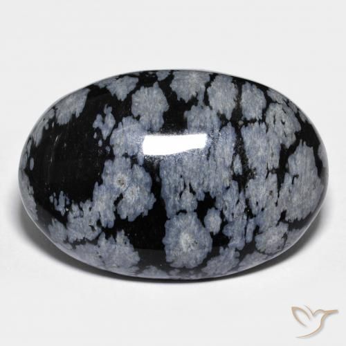 32.04ct 자연스러운 회백색 검정 눈송이 흑요석, 타원형, 불투명체