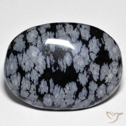 45.67ct 자연스러운 회백색 검정 눈송이 흑요석, 타원형, 불투명체
