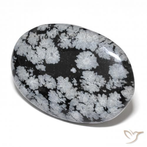 24.72캐럿 천연 그레이 화이트 블랙 스노우플레이크 옵시디언, 타원형 컷, 32.1×22.2 mm, 불투명체