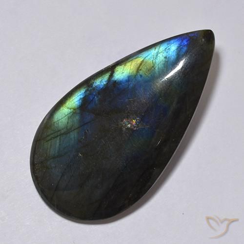 38.11캐럿 천연 멀티컬러 스펙트롤라이트, 쿠션 컷, 34.3×16.9 mm, 불투명체