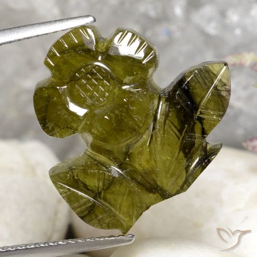 10.85ct 자연스러운 따뜻한 흙빛 녹색 전기석, 플라워 컷, 투명한